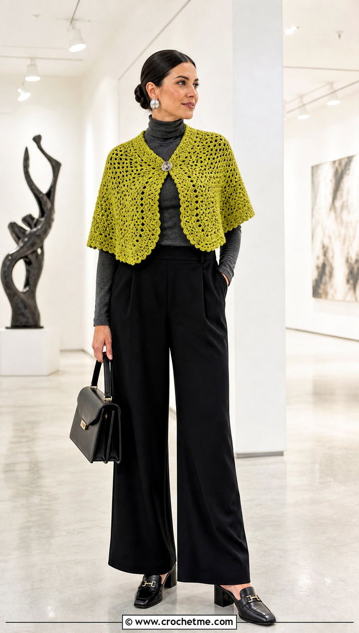 Capelet Crochet Wrap Shawl With Wide Leg Trousers - 35 crochet wrap shawl outfit ideas