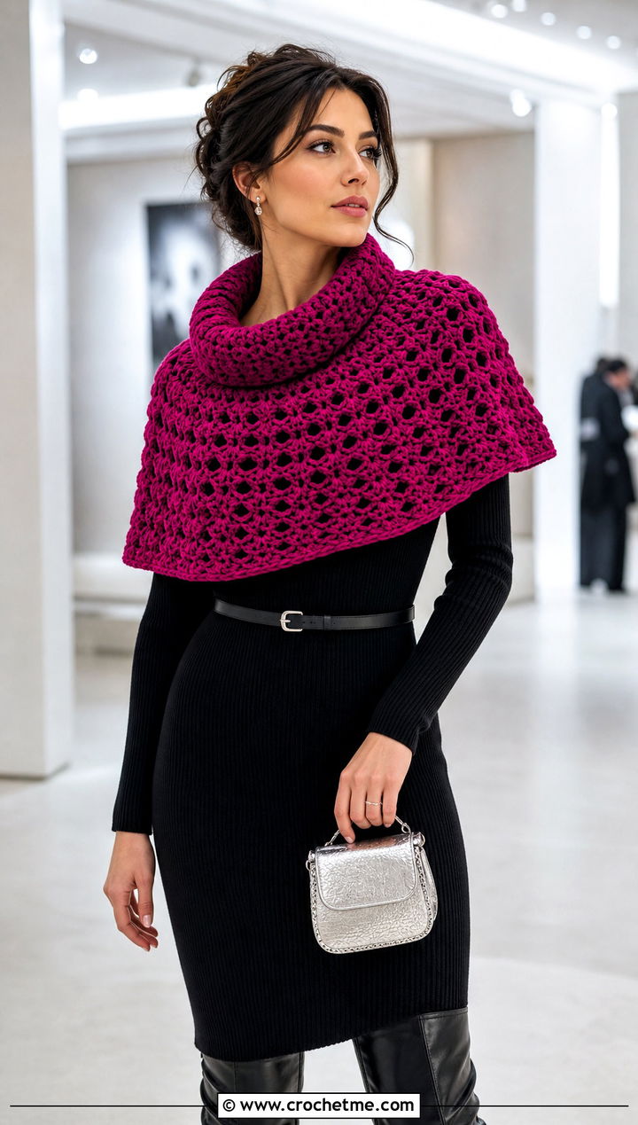 Capelet Crocheted Cowl With Fitted Knit Dress And Boots - 25 Crocheted Cowl outfit ideas