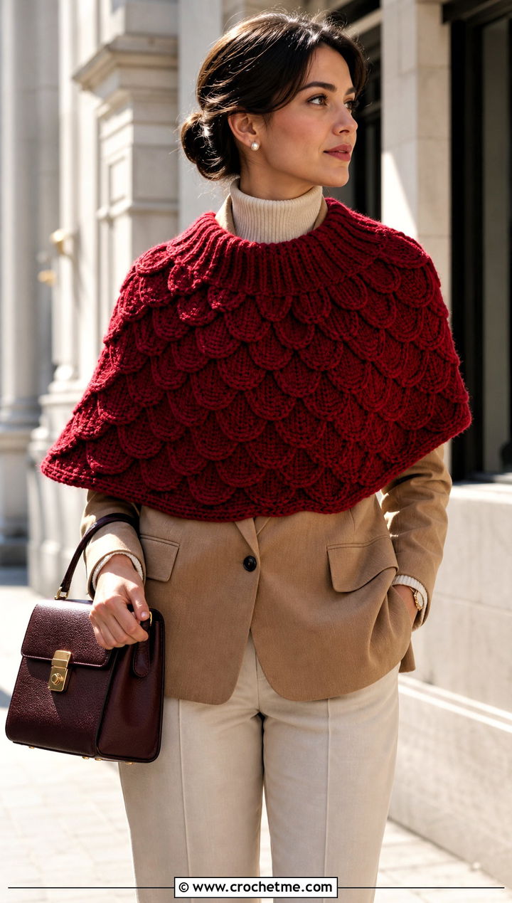 Capelet Crocodile Stitch Shawl With Blazer And Loafers - 15 crocodile stitch crochet shawl outfit ideas