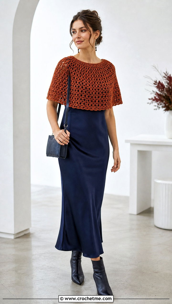 Capelet Double Crochet Shawl With Slip Dress - 20 Double Crochet Shawl outfit ideas