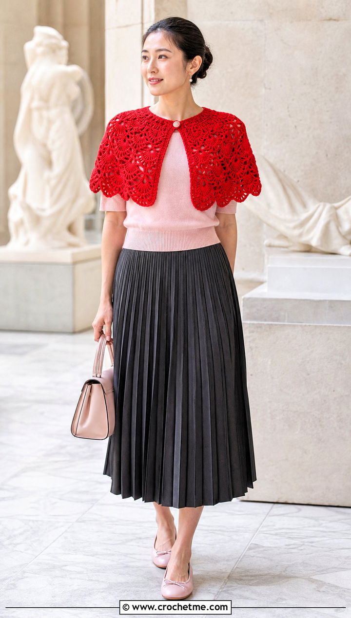 Capelet Fan Stitch Shawl With Pleated Skirt - 20 Crochet Fan Stitch Shawl outfit ideas