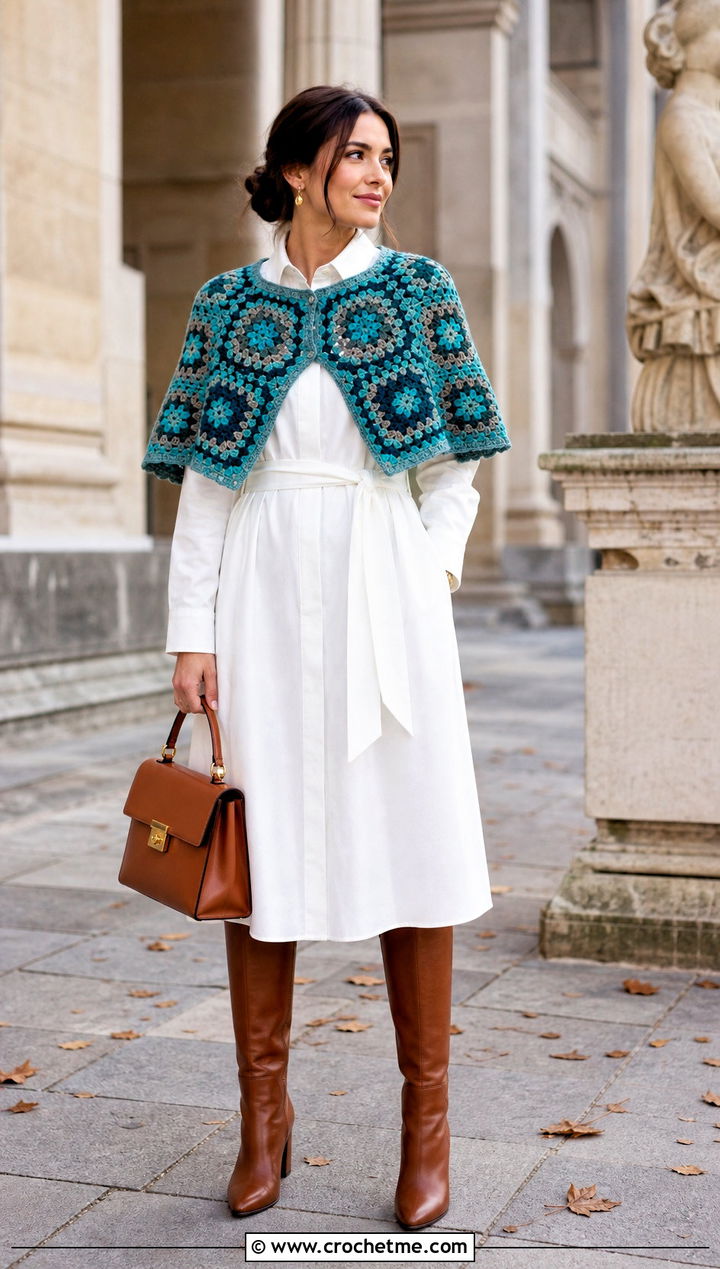 Capelet Granny Square Poncho With Shirt Dress - 25 Granny Squares Poncho outfit ideas