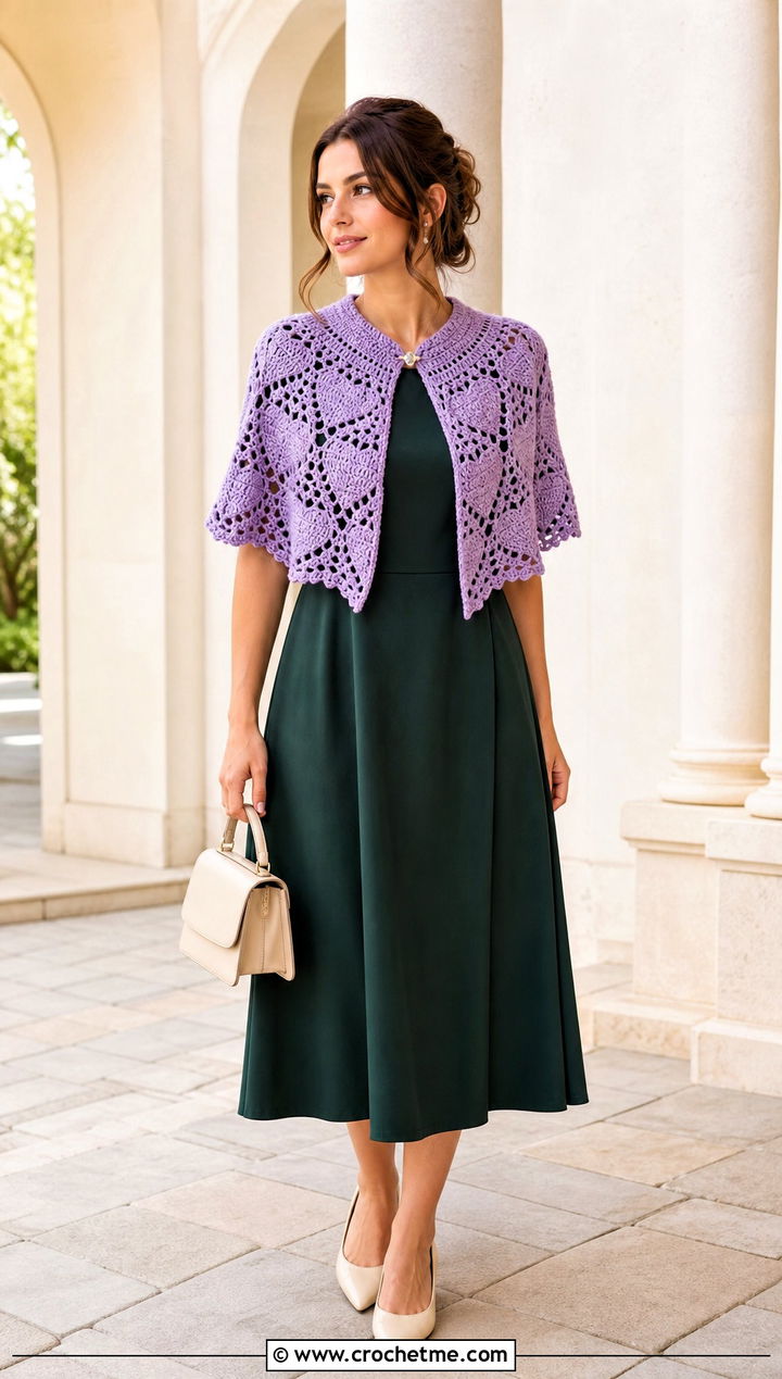 Capelet Heart Crochet Shawl With A Line Dress - 25 Heart Crochet Shawl outfit ideas