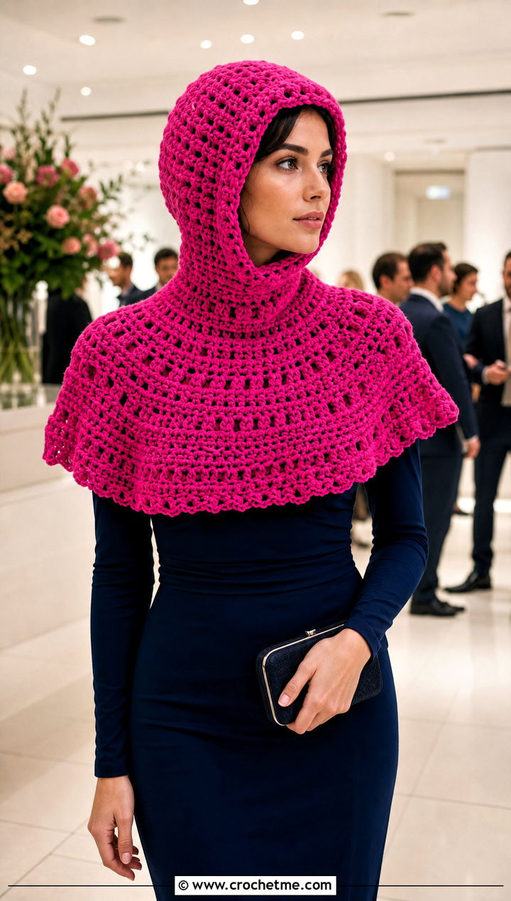 Capelet Hooded Crochet Balaclava With Column Dress - 30 hooded crochet balaclava outfit ideas