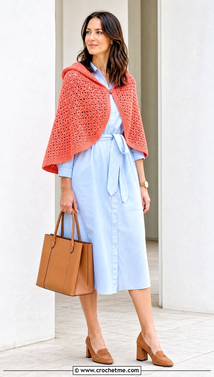Capelet Hooded Poncho With Shirt Dress - 35 Crochet Hooded Poncho outfit ideas