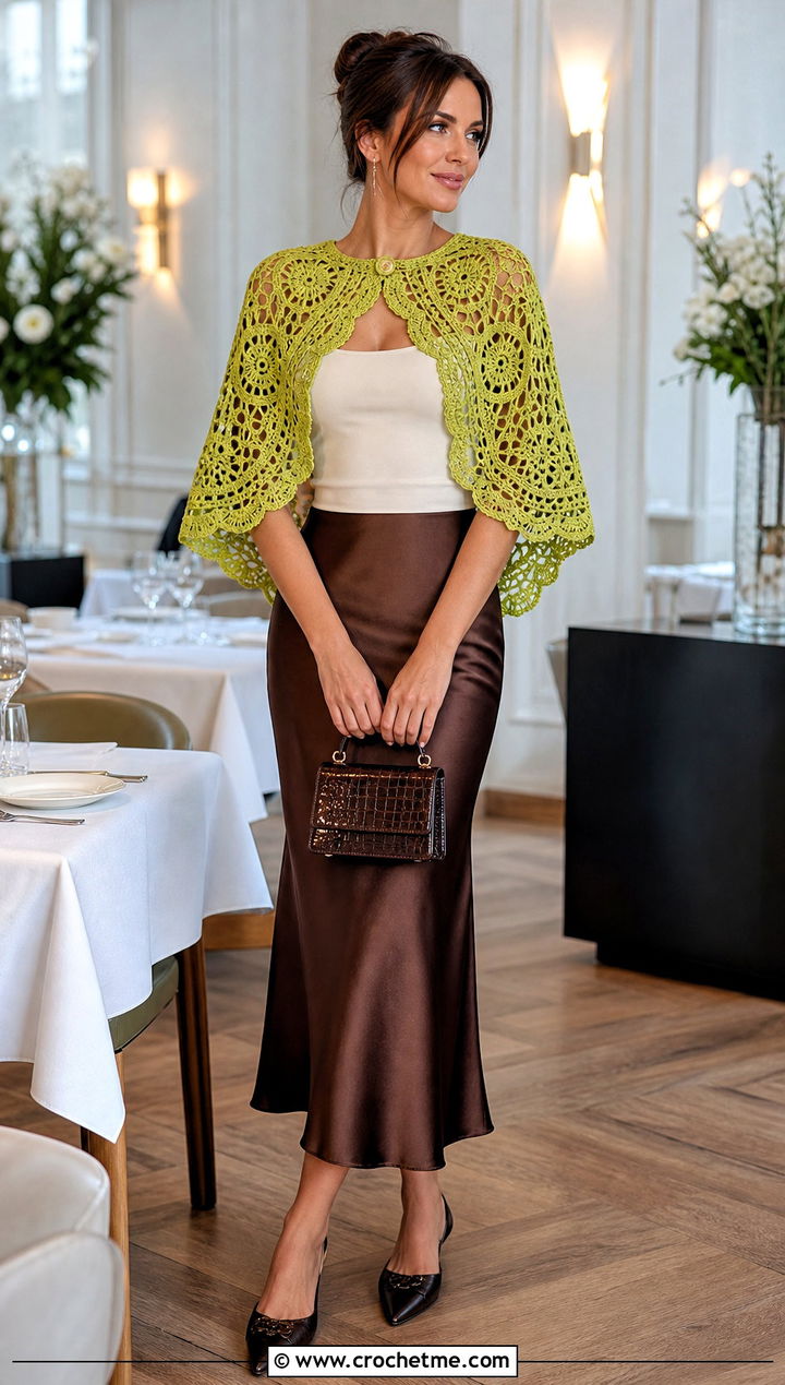 Capelet Irish Crochet Shawl With Satin Midi Skirt - 20 Irish Crochet Shawl outfit ideas