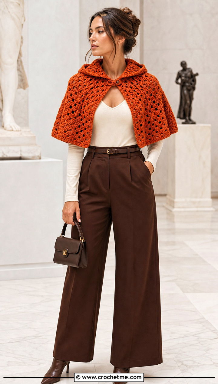 Capelet Katniss Crochet Hood With Wide Leg Trousers - 15 katniss crochet hat outfit ideas