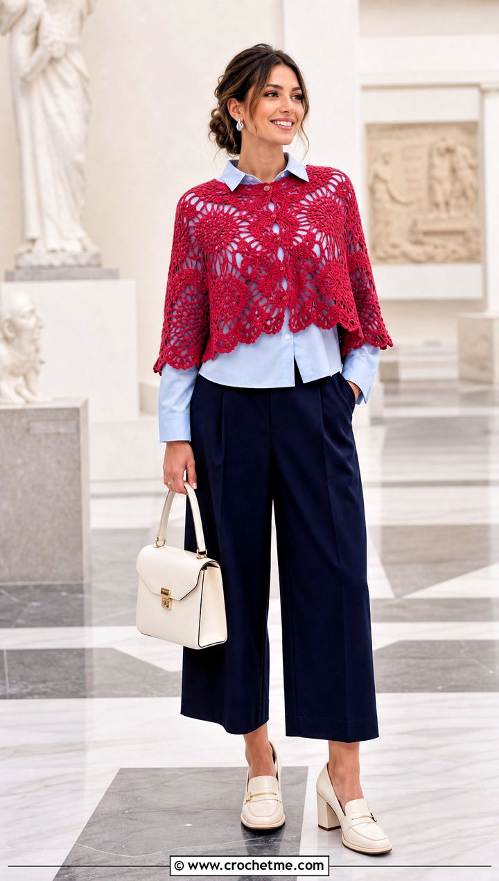 Capelet Lace Poncho With Shirt And Culottes - 15 Crochet Lace Poncho On Hanger outfit ideas