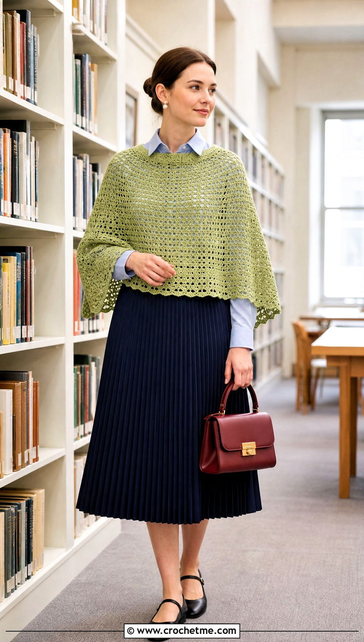 Capelet Lightweight Crochet Poncho With Pleated Midi Skirt - 15 Lightweight Crochet Poncho outfit ideas