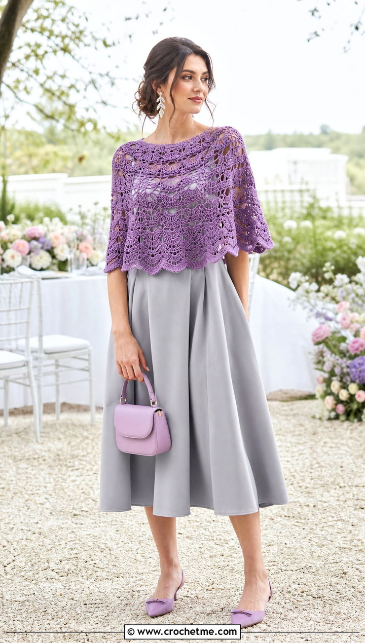 Capelet Mesh Crochet Poncho With Fit And Flare Dress - 25 Mesh Crochet Poncho outfit ideas