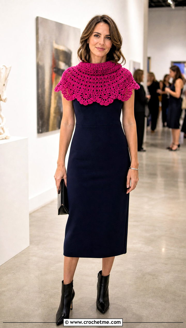 Capelet Pink Crochet Cowl With Column Dress - 15 pink crochet cowl outfit ideas