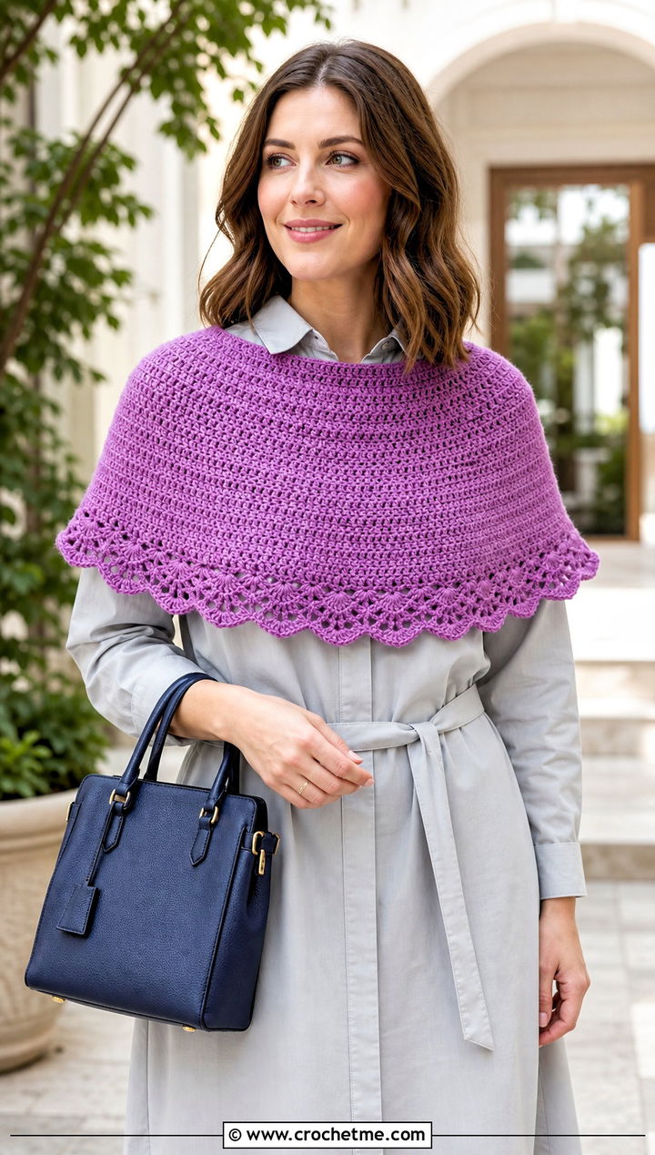 Capelet Shawl With Shirt Dress - 25 Crochet Shawl In A Cake outfit ideas