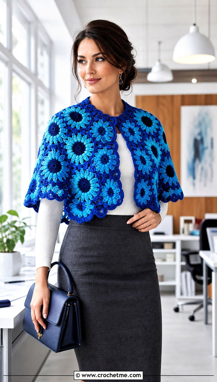 Capelet Sunflower Crochet Shawl With Pencil Skirt - 20 Sunflower Crochet Shawl outfit ideas