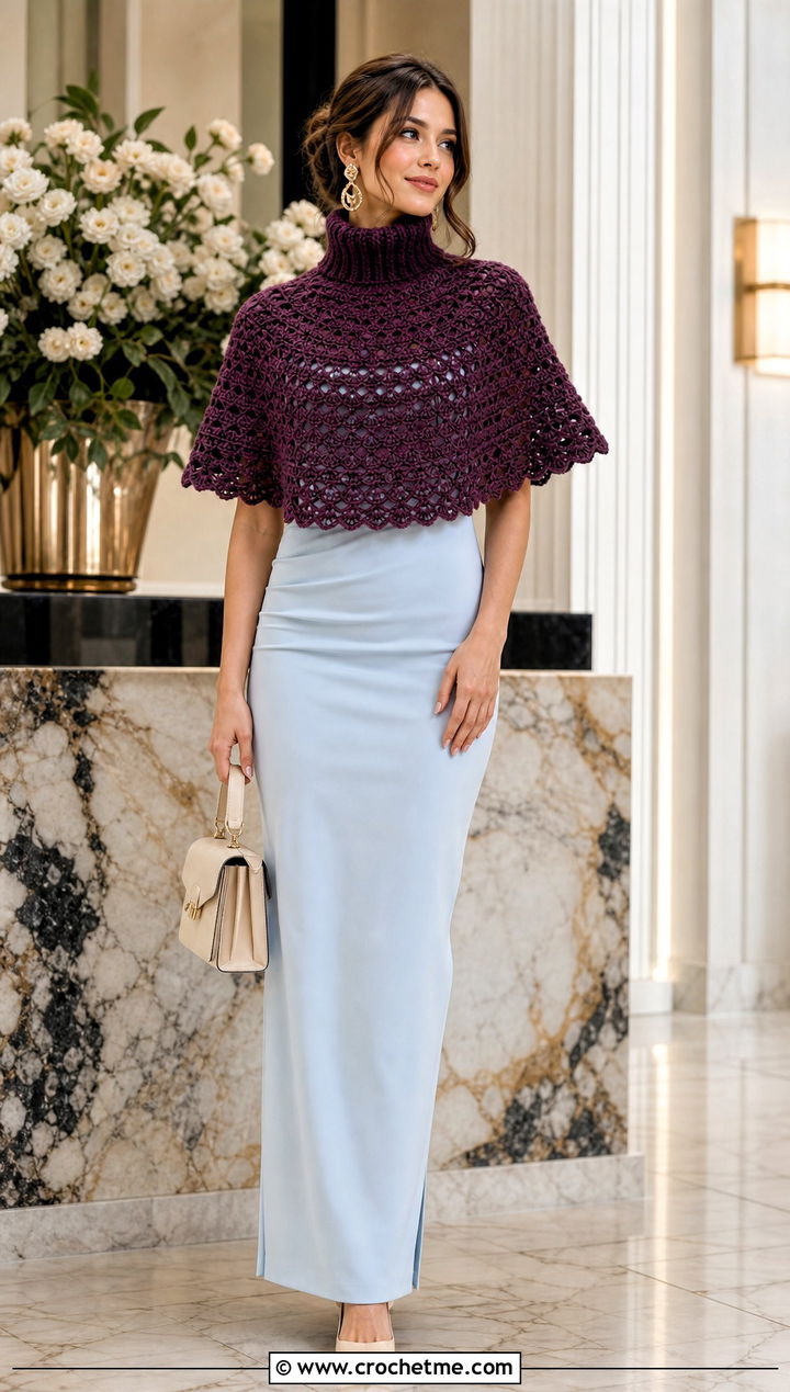 Capelet Turtleneck Crochet Cowl With Column Dress - 25 Crochet Turtleneck Cowl outfit ideas