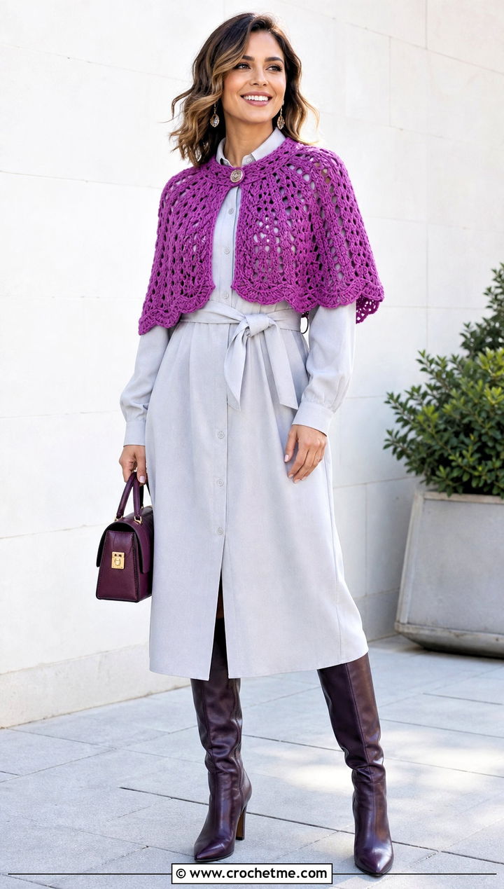 Capelet Vintage Crochet Poncho With Shirt Dress - 15 Vintage Crochet Poncho outfit ideas