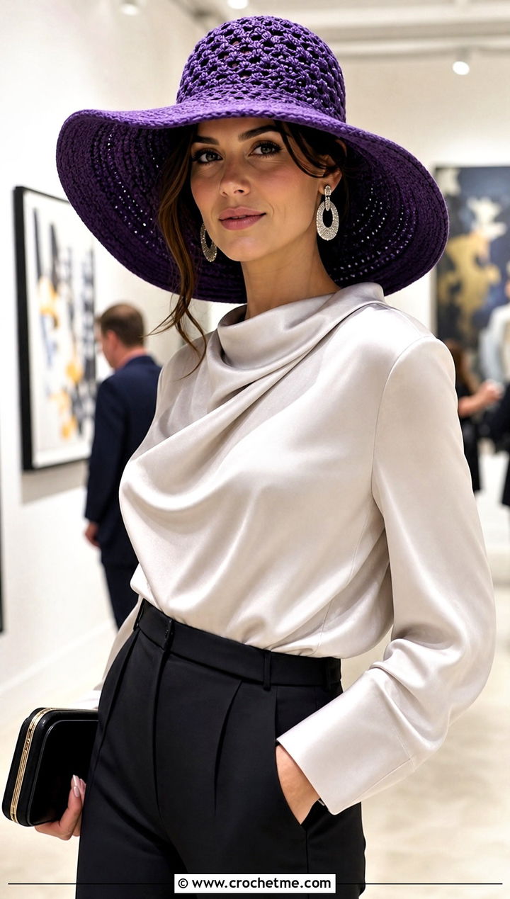 Capeline Crochet Hat With Satin Blouse And Trousers - 25 crochet brimmed hat outfit ideas