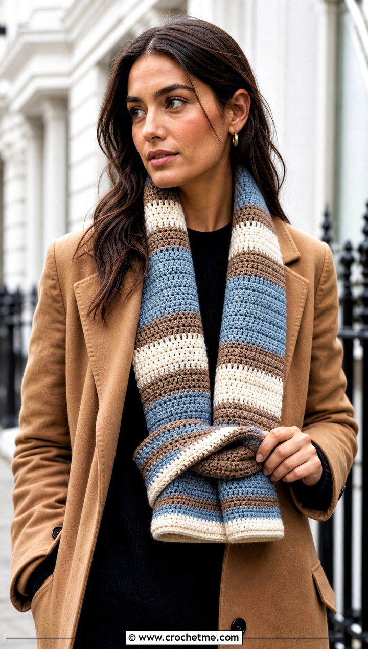 Cappuccino Striped Crochet Roll Up Scarf With Camel Coat - 25 Crochet Roll Up Scarf outfit ideas