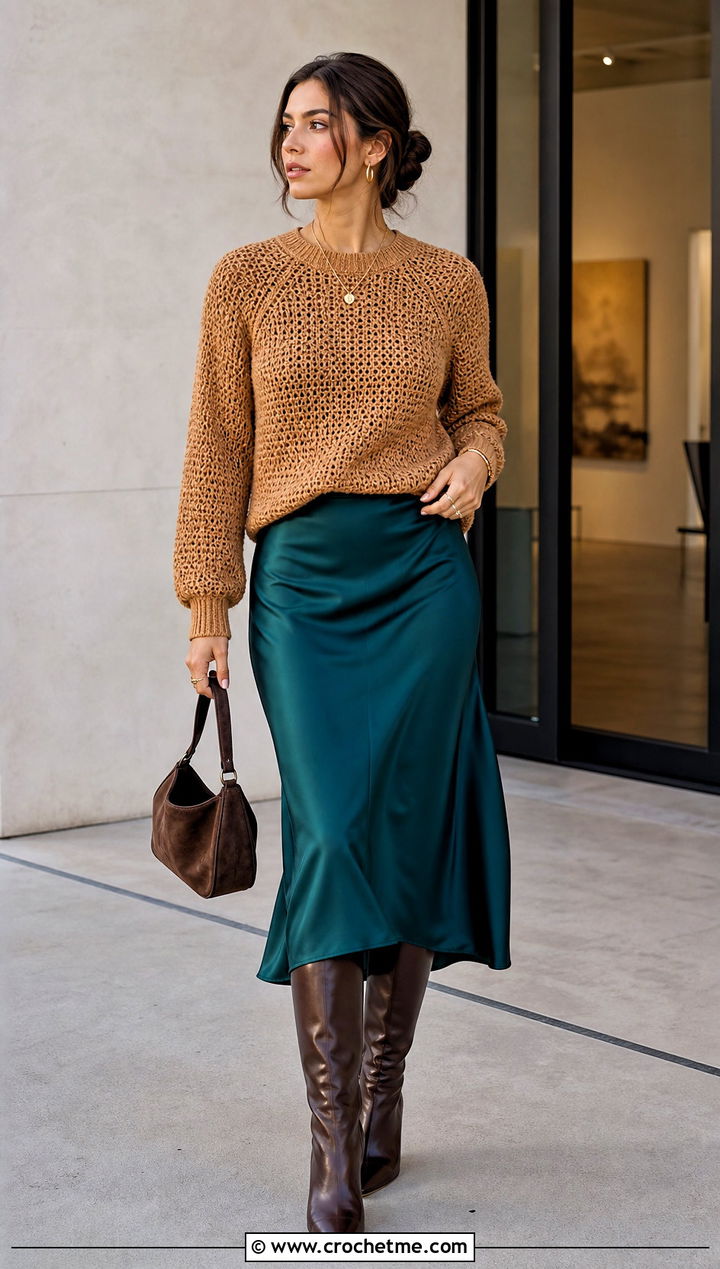 Caramel Raglan Crochet Sweater With Satin Midi Skirt - 15 Brown Crochet Sweater Design outfit ideas
