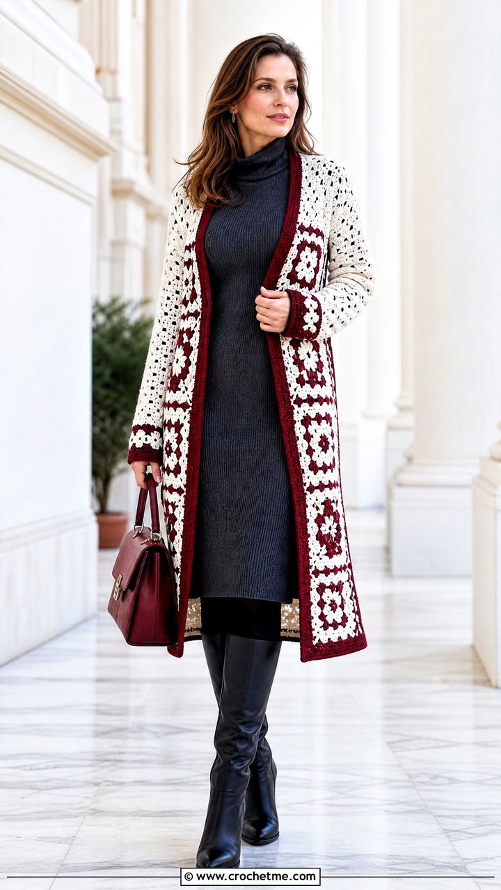 Cardigan Coat White Crochet Cardigan With Sweater Dress - 35 White Crochet Cardigan Outfit ideas