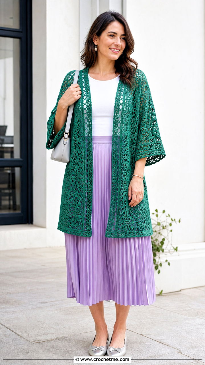 Cardigan Crochet Kimono With Pleated Midi Skirt - 35 crochet kimono outfit ideas