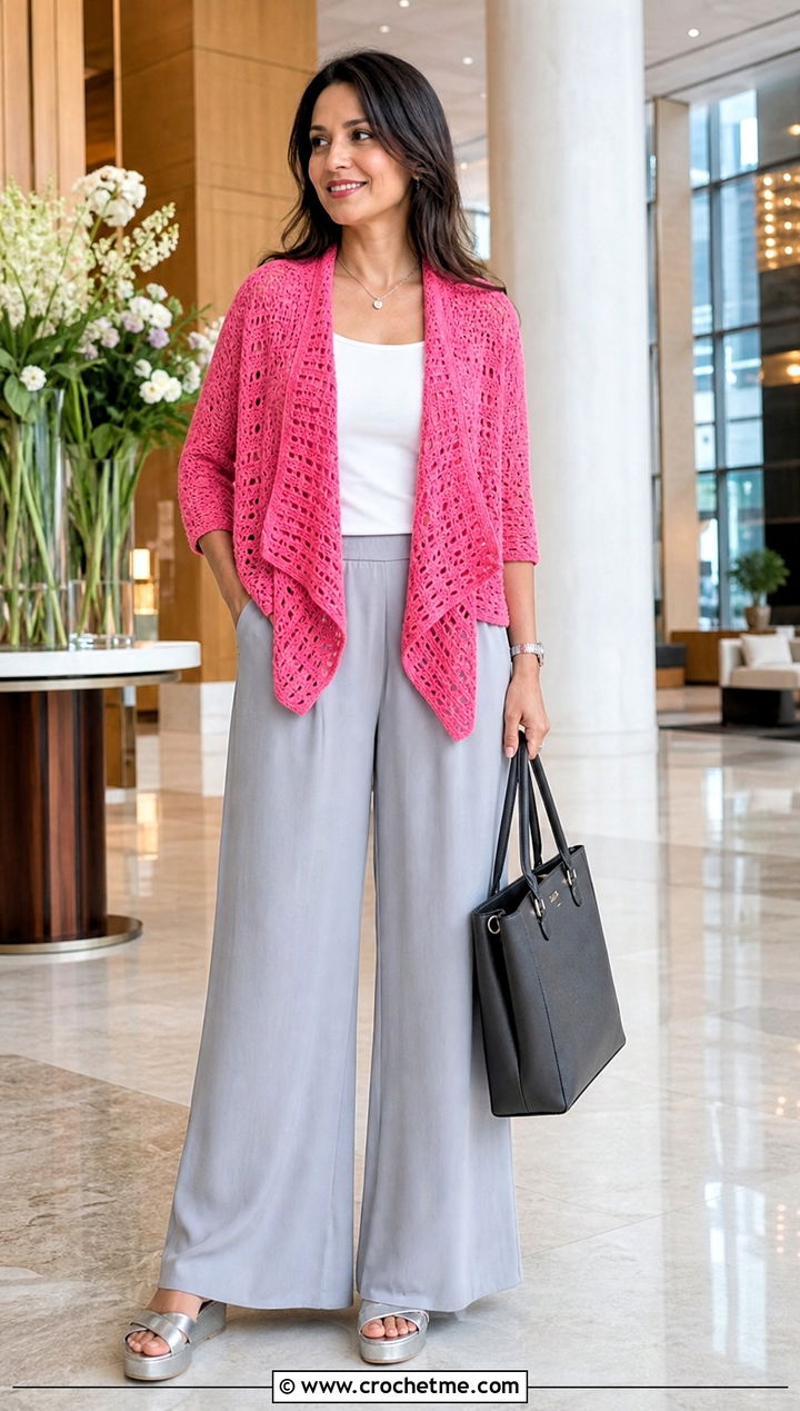 Cardigan Crochet Shrug With Palazzo Pants - 30 easy simple crochet shrug outfit ideas