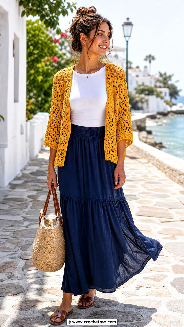 Cardigan Crochet Shrug With T Shirt and Maxi Skirt - 35 crochet shrugs outfit ideas