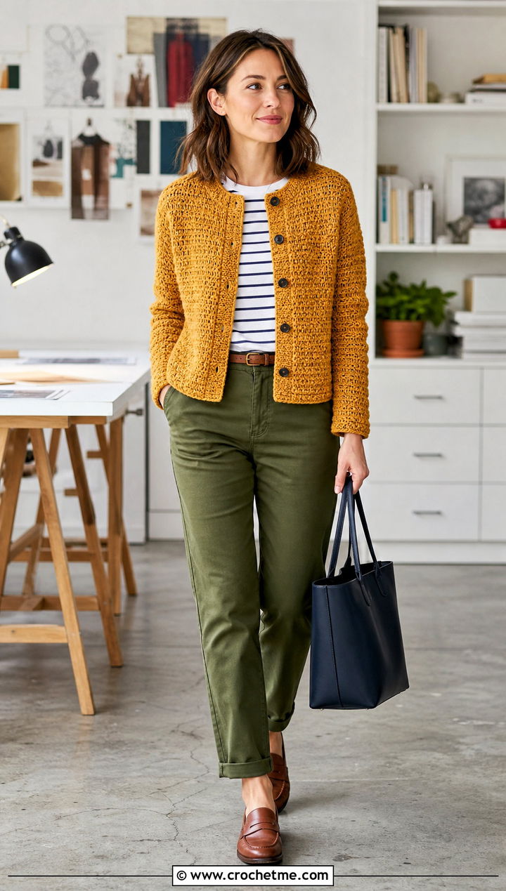 Cardigan Crochet Tweed Jacket With Chino Pants - 30 crochet tweed jacket outfit ideas
