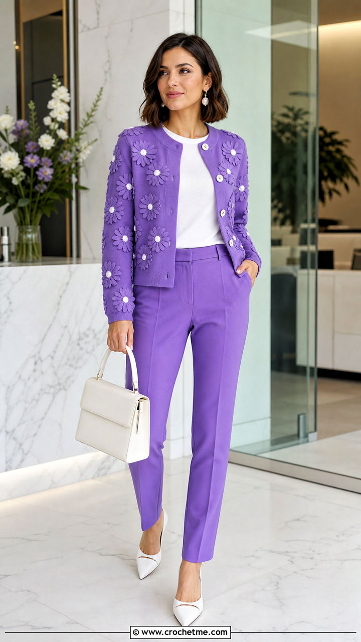 Cardigan Jacket With Daisy Appliques And Matching Trousers - 35 Crochet Daisy Cardigan outfit ideas