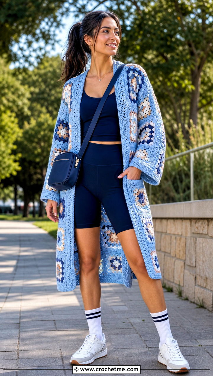 Cardigan Robe With Bike Shorts - 20 granny square robe outfit ideas