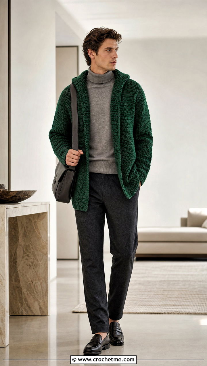 Cardigan Style Crochet Hoodie With Turtleneck And Wool Pants - 25 Crochet Hoodie Men outfit ideas