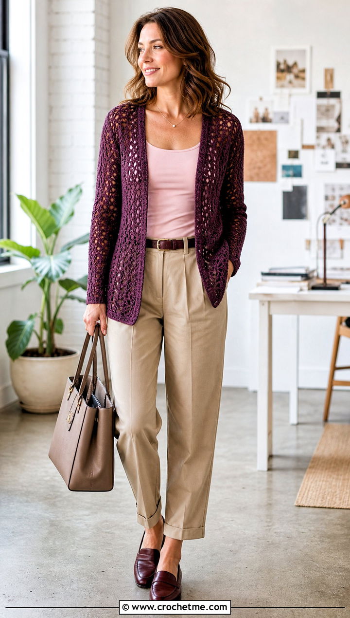 Cardigan Style Crochet Lacy Sweater With Tank And Chinos - 25 crochet lacy sweater outfit ideas