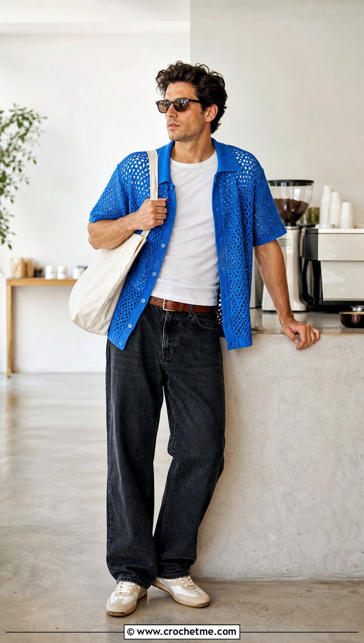 Cardigan Style Crochet Mesh Shirt With A White T Shirt - 25 Men Crochet Mesh Shirt outfit ideas