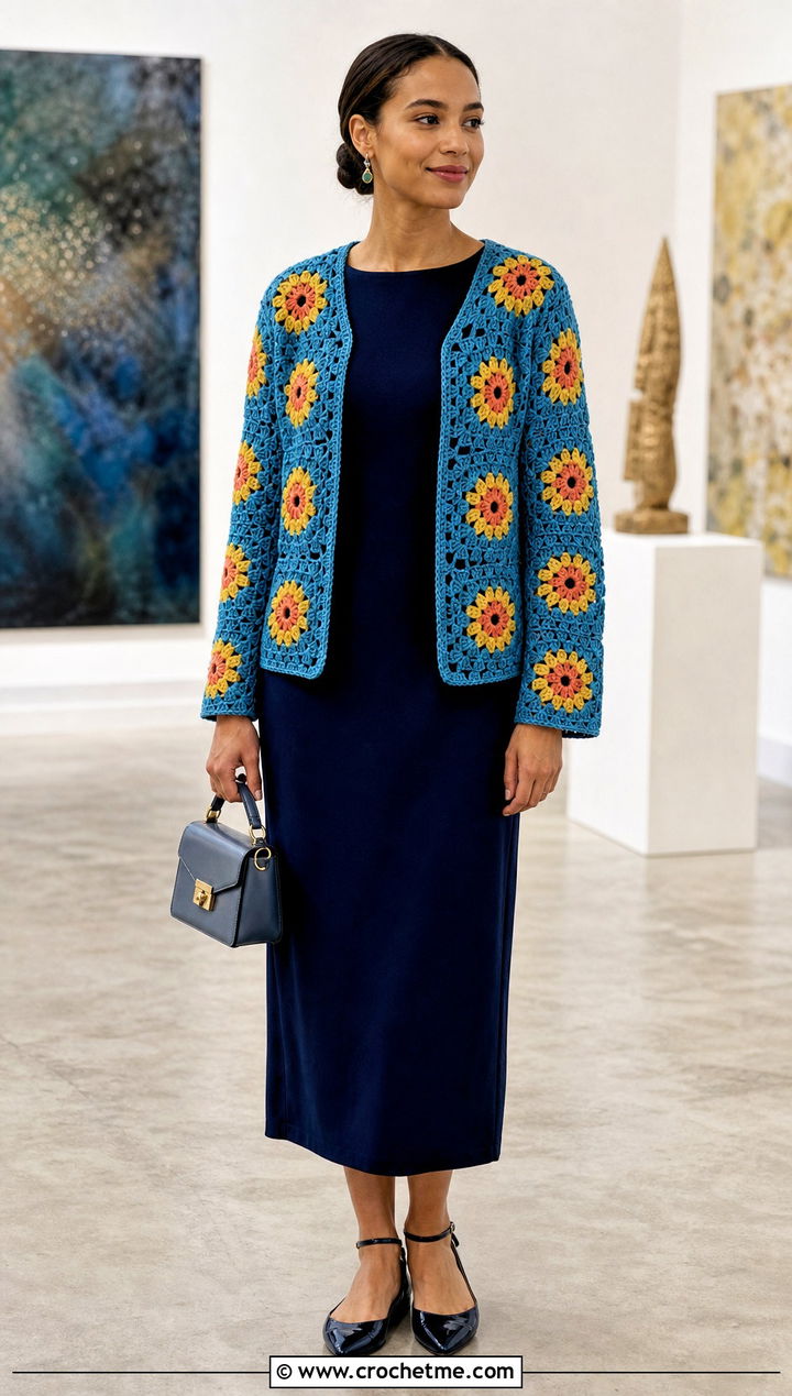 Cardigan Style Crochet Sunflower Sweater With Column Dress - 35 crochet sunflower sweater outfit ideas