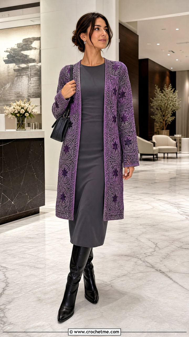 Cardigan Style Star Sweater With Column Dress - 35 crochet star sweater outfit ideas