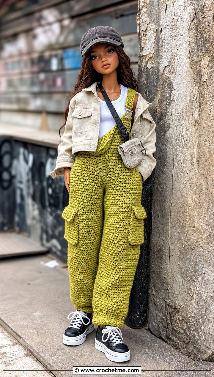 Cargo Crochet Doll Overalls With Utility Jacket - 30 crochet doll overalls outfit ideas