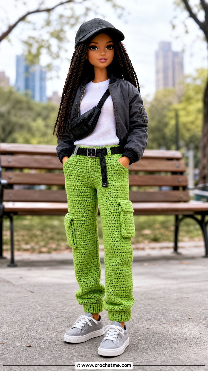 Cargo Crochet Doll Pants With Bomber Jacket - 35 crochet doll pants outfit ideas