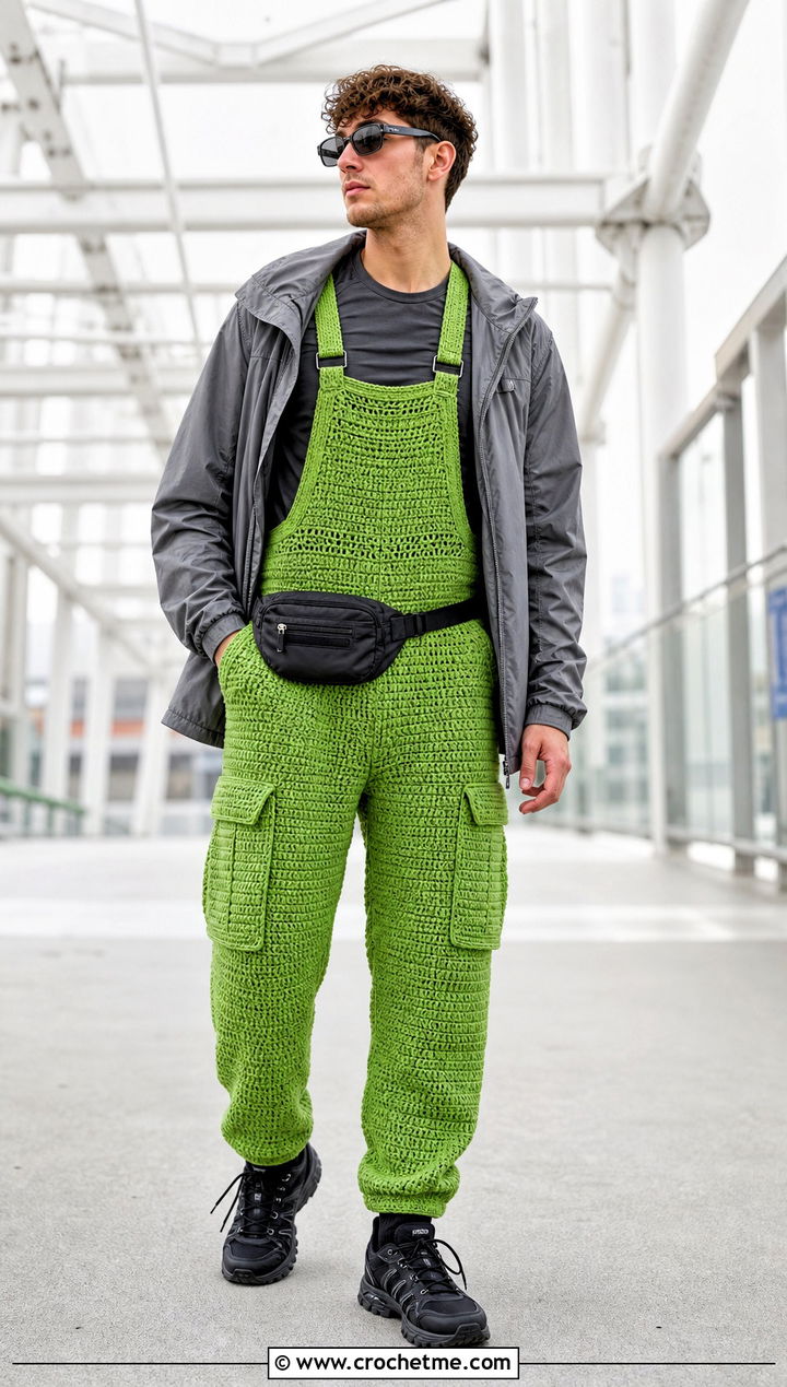 Cargo Crochet Overalls With Technical Windbreaker - 15 crochet overalls men outfit ideas