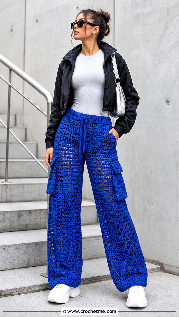 Cargo Crochet Pants With Fitted Bodysuit - 25 women crocheted pants outfit ideas