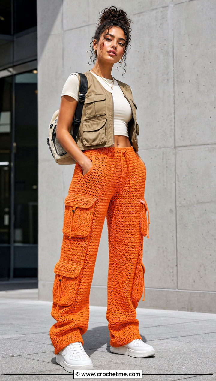 Cargo Crochet Stacked Pants With Fitted T Shirt - 25 Crochet Stacked Pants outfit ideas