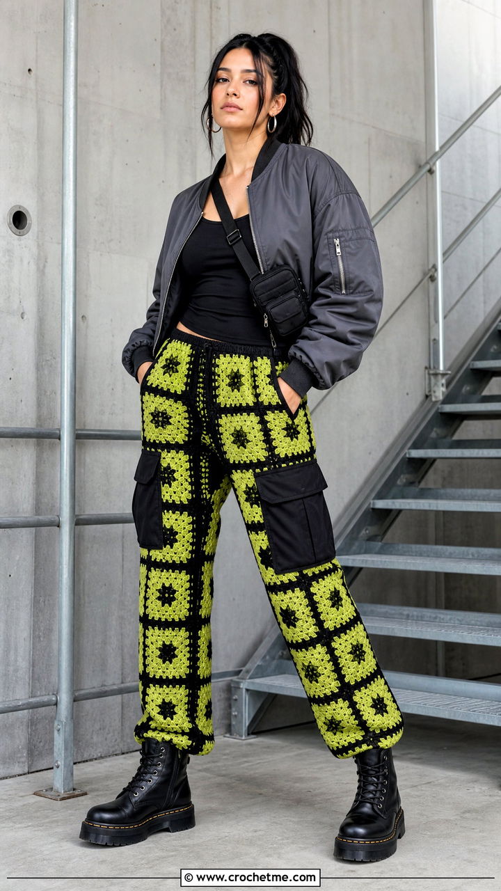 Cargo Granny Square Pants With Bomber Jacket - 35 granny square pants outfit ideas