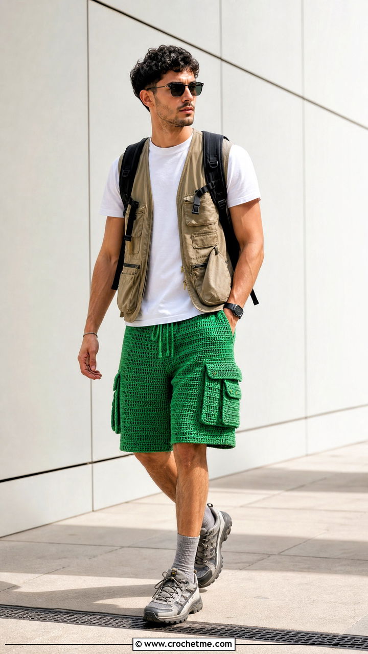 Cargo Pocket Crochet Mens Shorts With Utility Vest - 35 Crochet Mens Shorts outfit ideas