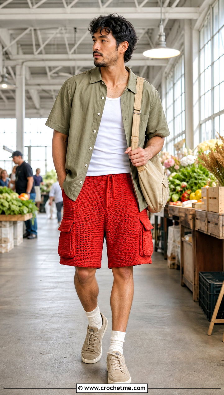 Cargo Pocket Crochet Shorts With Workwear Shirt - 25 Crochet Shorts Mens outfit ideas