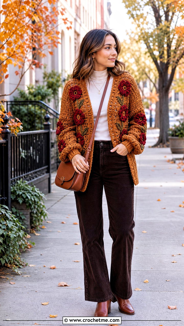Carnation Flower Cardigan With Corduroy Pants - 30 crochet flowers cardigan outfit ideas