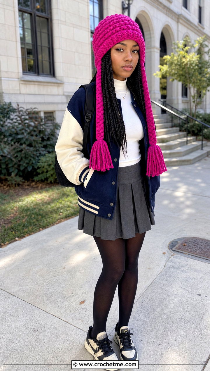 Caron Latte Cakes Braided Tassel Hat With Varsity Jacket - 25 caron latte cakes crochet hat outfit ideas