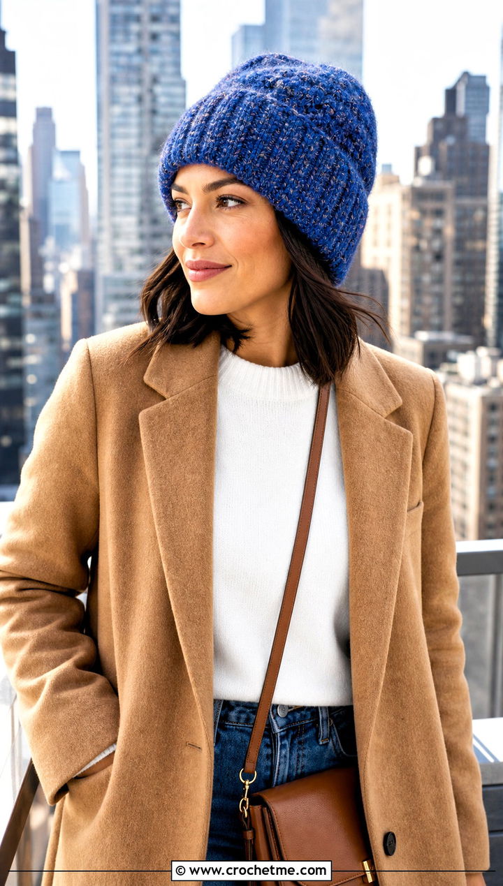 Caron Latte Cakes Ribbed Cuffed Beanie With Wool Coat - 25 caron latte cakes crochet hat outfit ideas