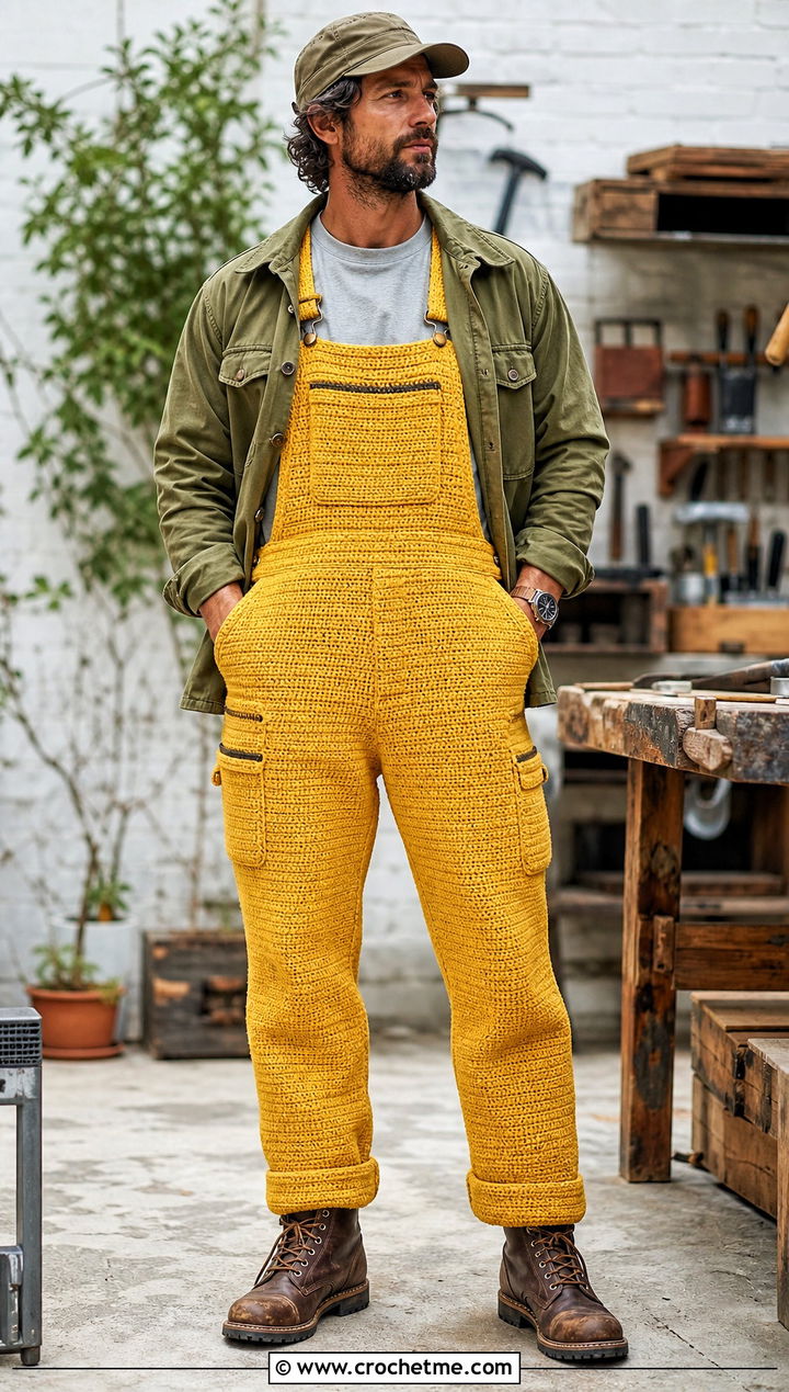Carpenter Crochet Bib Overalls With Chore Jacket - 15 crochet overalls men outfit ideas