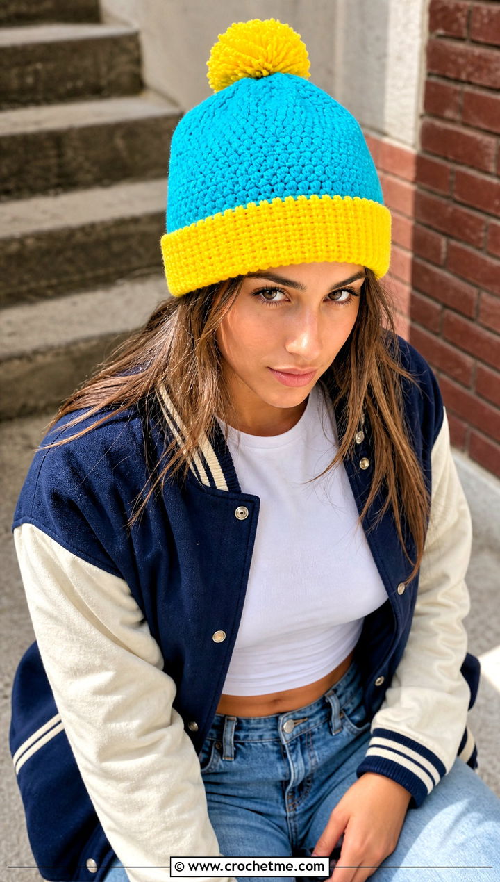 Cartman Color Block Beanie With Varsity Jacket - 25 Crochet South Park Hat outfit ideas