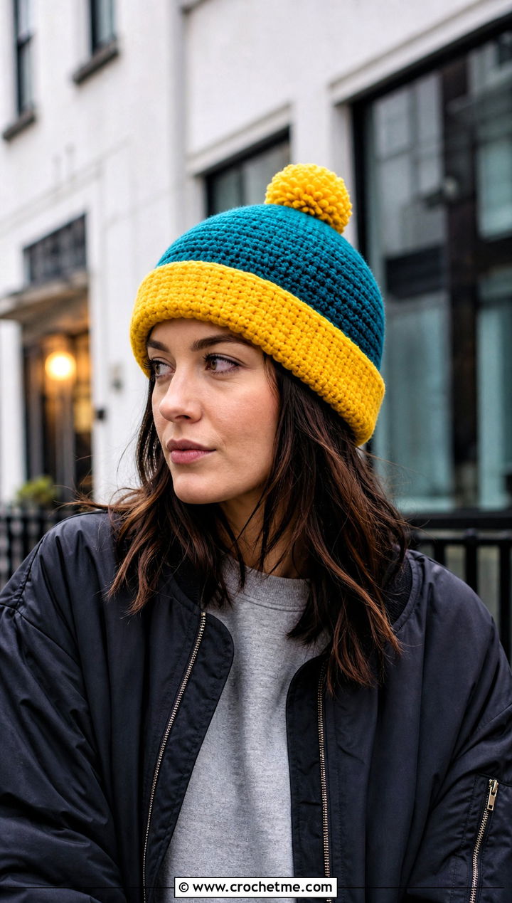 Cartman Cuffed Pom Pom Beanie With Cargo Pants - 25 Crochet South Park Hat outfit ideas