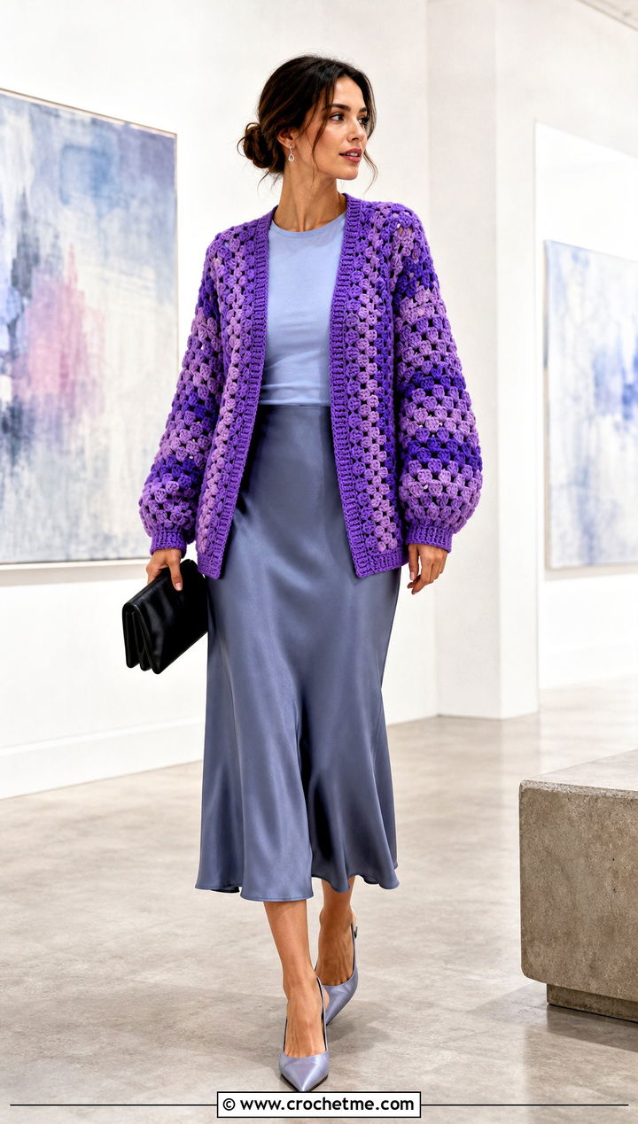 Cascade Mountain Granny Stitch Cardigan With Satin Slip Skirt - 15 Crochet Mountain Sweater outfit ideas