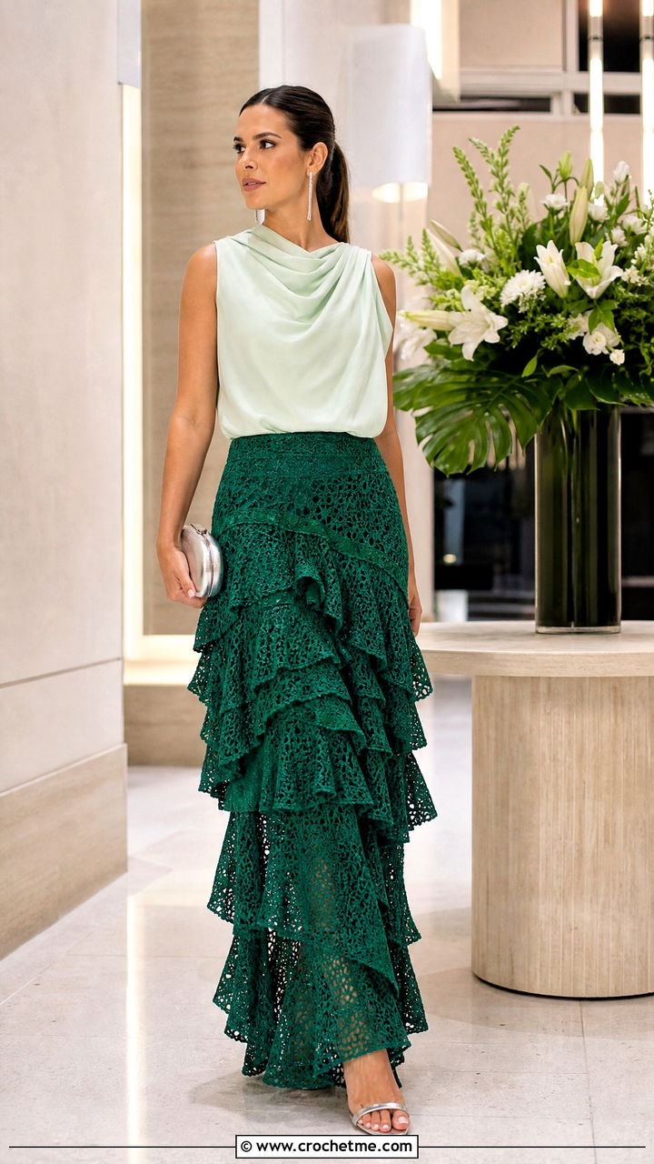Cascading Crochet Ruffle Maxi Skirt With Draped Top - 35 crochet ruffle skirt outfit ideas